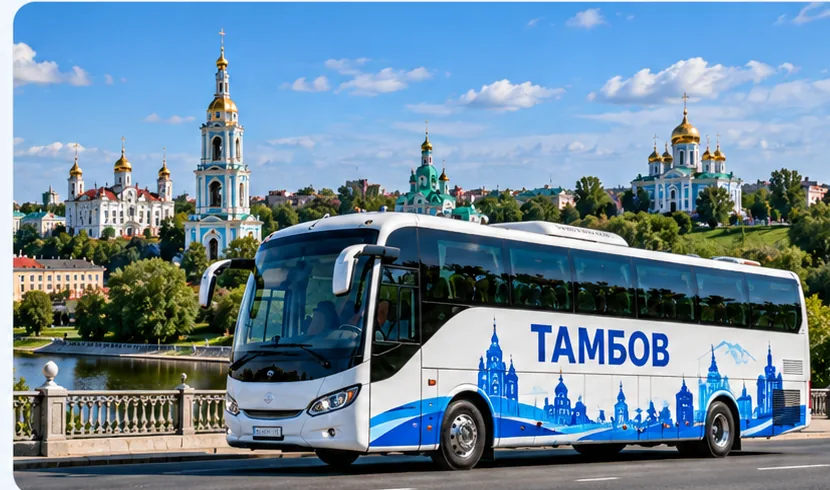 Пассажирский автобус Тамбов на фоне города Тамбова